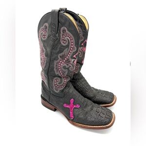 Ferrini Cowboy Boots Crocodile Caiman Alligator Black Pink Cross Cowgirl Size 10